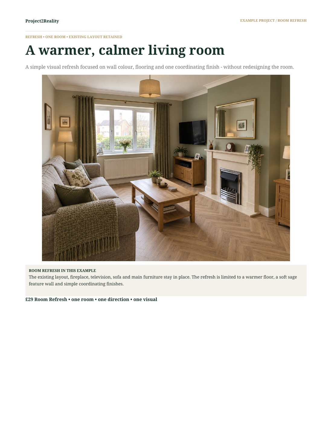 Living-room Room Refresh example showing the actual first page of the downloadable package